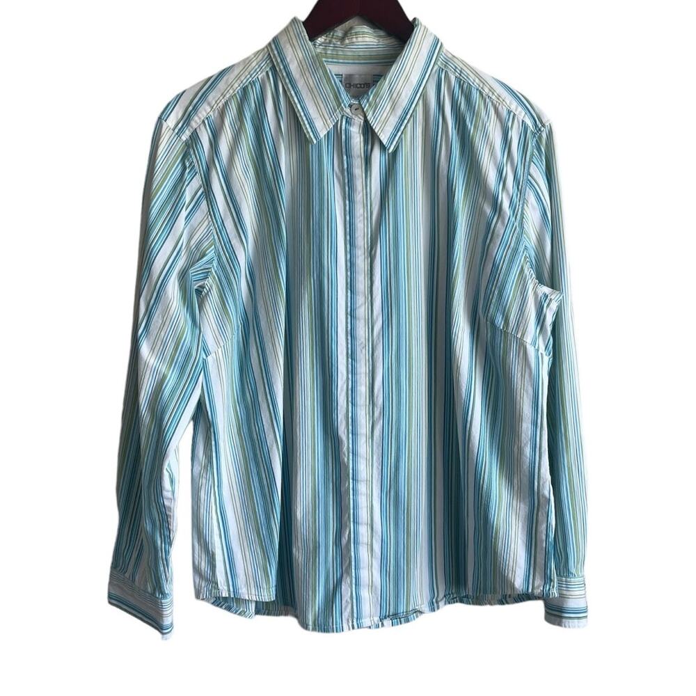 Chicos Women Cotton Top XL Green Blue Striped Button Up Basics Workwear‎ Preppy